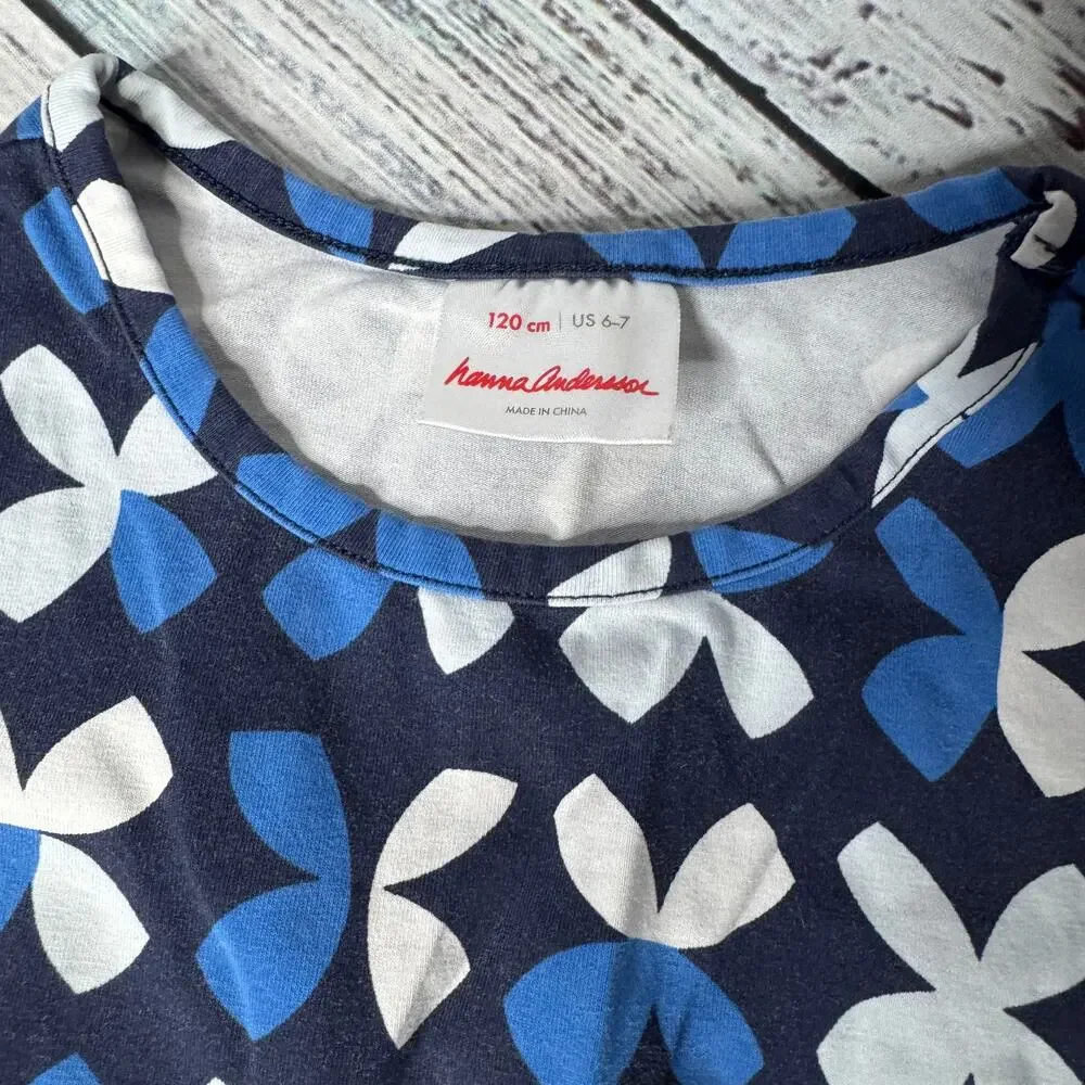 Hanna Anderson Little Girls Blue Print Dress Long Sleeve 6-7